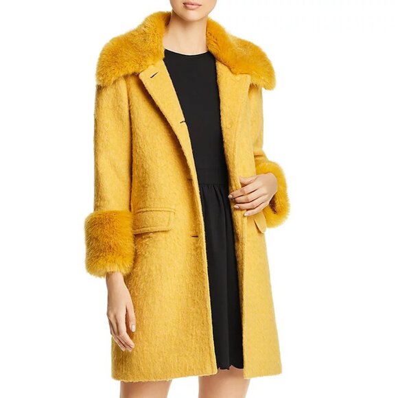 ๐ฅ๐SHOWSTOPPER!๐๐ฅKATE SPADE YELLOW FLUFFY WOOL COAT W/ FUR COLLAR & CUFFS - Picture 10 of 16